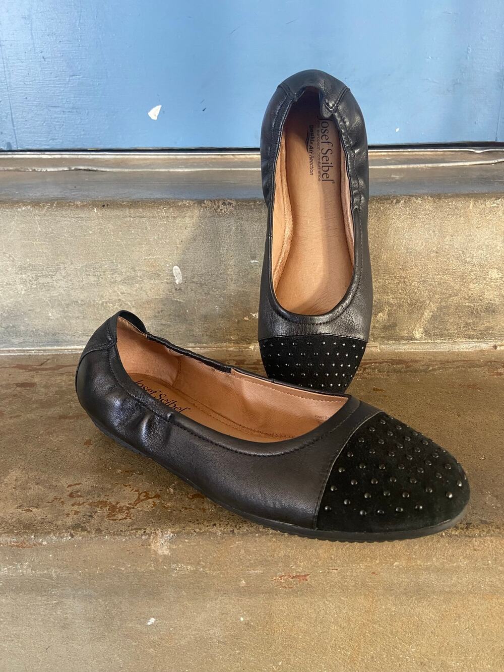 Josef Seibel black leather and suede ballet style flats with stud detail